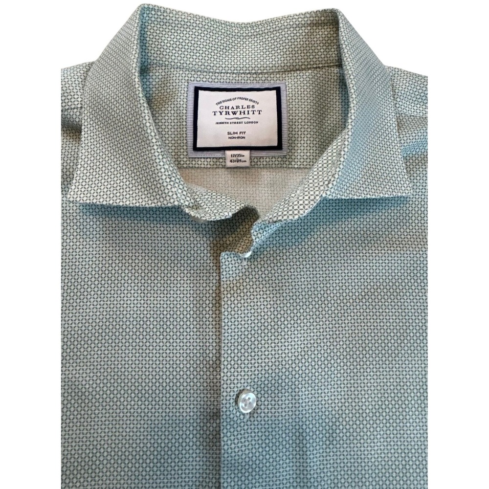 Charles Tyrwhitt Mens Slim Fit Green‎ Toned Dress Shirt Long Sleeve Size 17X35